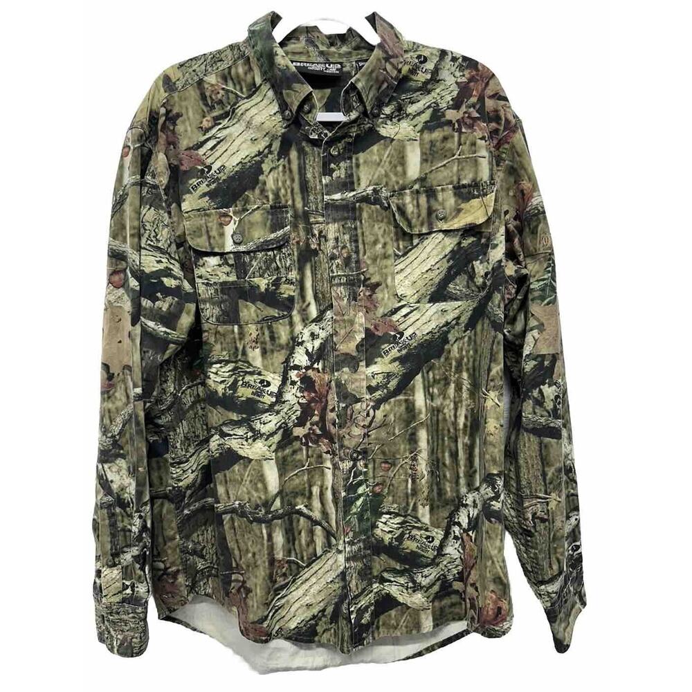 Mossy Oak Break Up Infinity Shirt Mens Large Camo Button Hunting Pockets Cotton